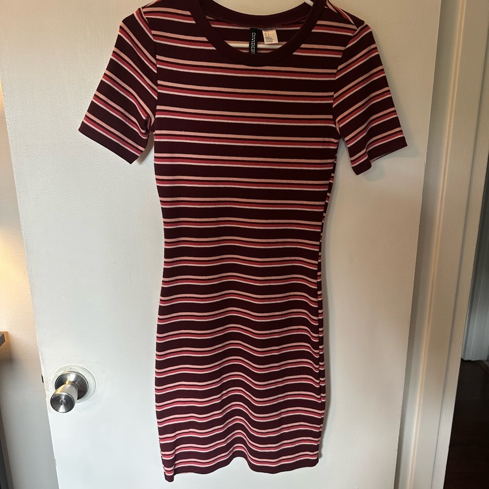H&M Burgundy and Pink Striped Mini Dress